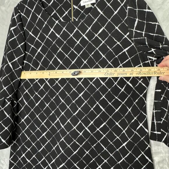 Calvin Klein Dress Womens 14 Black White Plaid Shift 3/4 Bell Sleeve Stretch - Picture 6 of 9